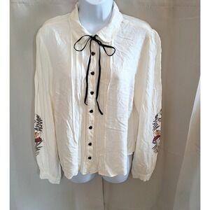 Cottage Womens Button Up Top XL Mushroom Snail Embroidery Goblincore Boho 21684